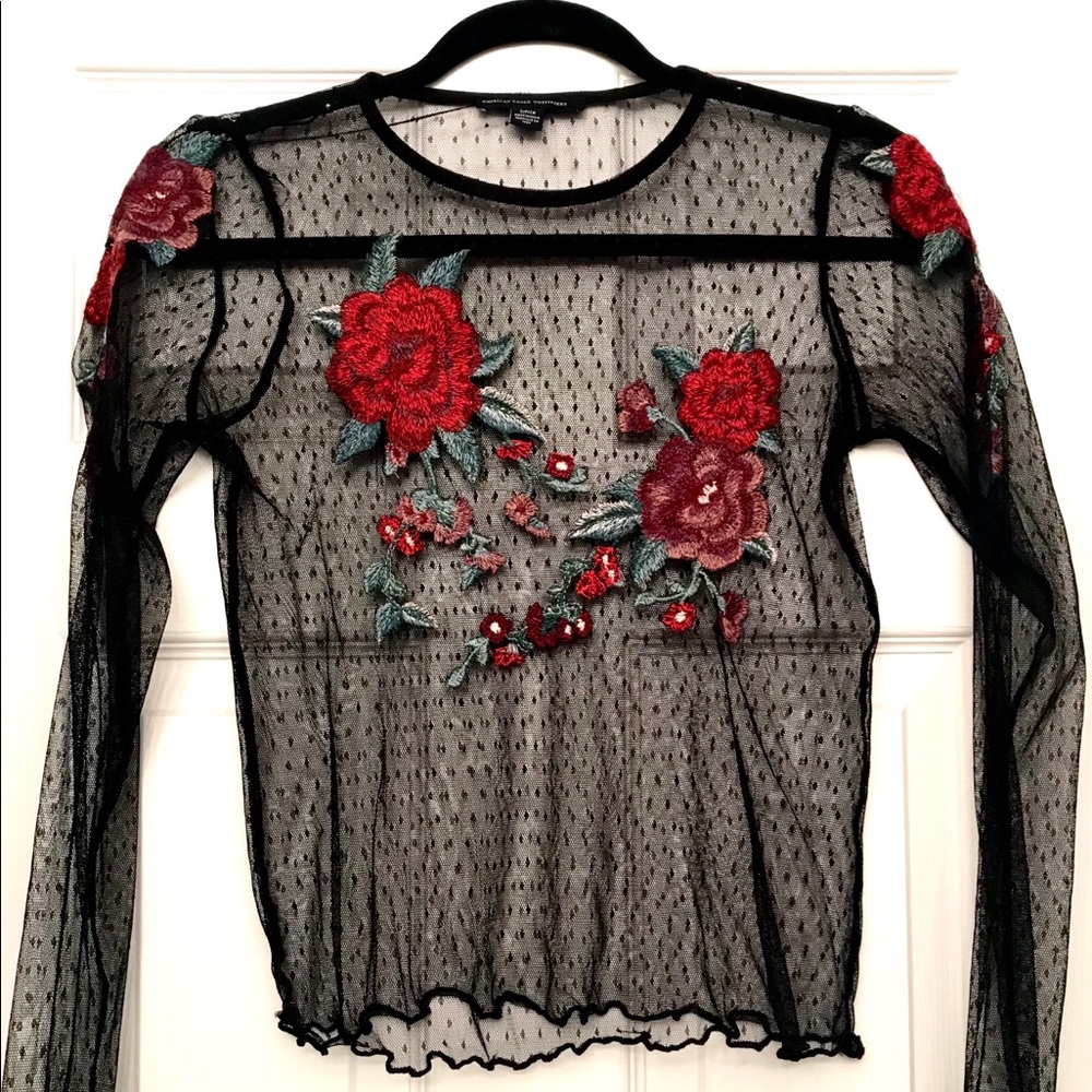 AEO | Black Sheer Top with Embroidered Roses